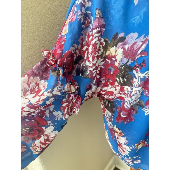 Elie Tahari Size Medium Blue Red Floral Print Ruffle Sleeve Sheer Blouse - Picture 3 of 7